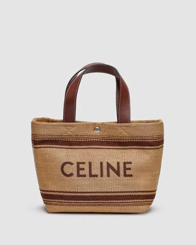 Celine Mini Cabas In Textile With Raffia Effect And Calfskin Brown