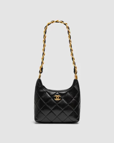 Chanel Small Hobo Bag Shiny Lambskin & Gold Metal, Black