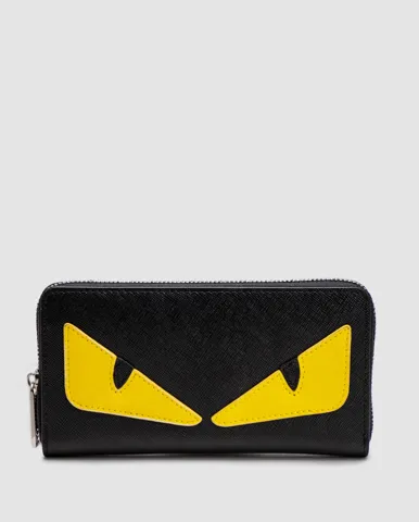 Fendi Zip Around Black Leather Wallet Fendi Eyes/Silver