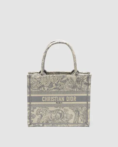 Dior Small Book Tote Ecru and Gray Toile de Jouy Embroidery Grey