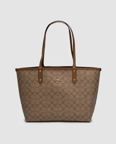 Coach Reversible Signature City Tote Light Brown Saddle