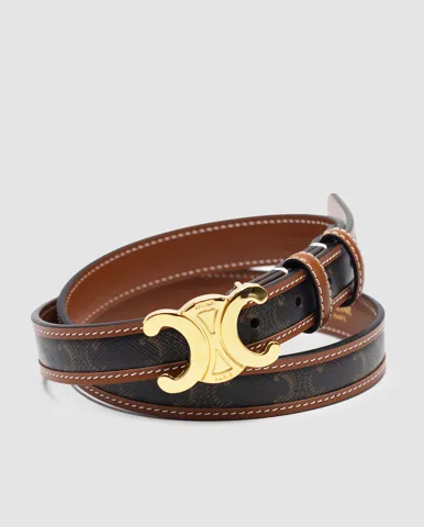 Celine Medium Triomphe Belt In Triomphe Canvas And Calfskin Tan Brown/Gold