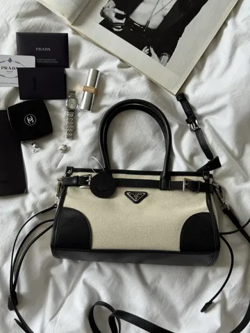 Prada Bonnie Small Handbag in Canvas and Leather Beige/Black