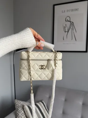 Chanel Caviar Quilted CC Top Handle Long Vanity Cream